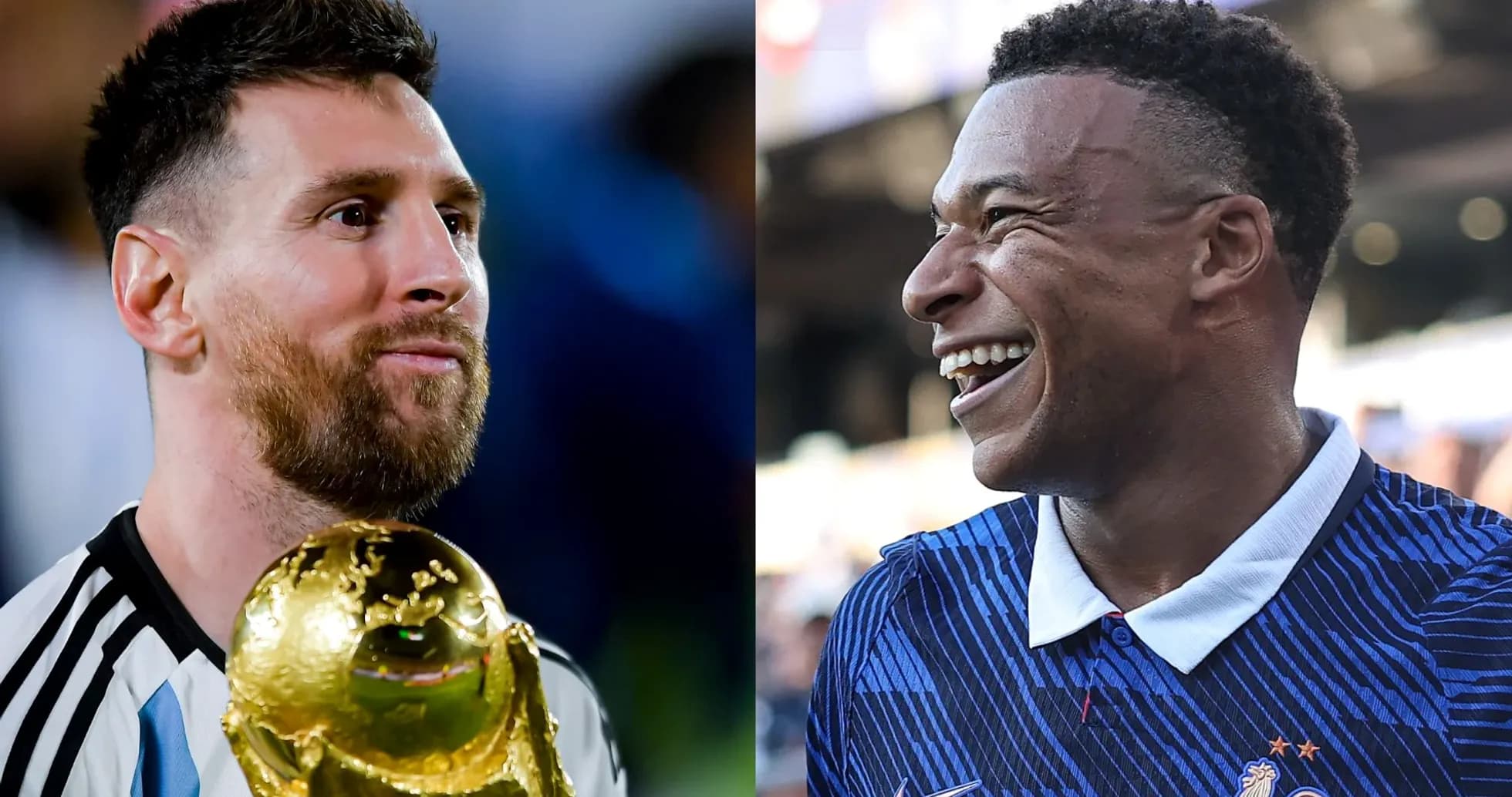 Lionel Messi con el trofeo y Kylian Mbappé sonriendo Lionel Messi con el trofeo y Kylian Mbappé sonriendo