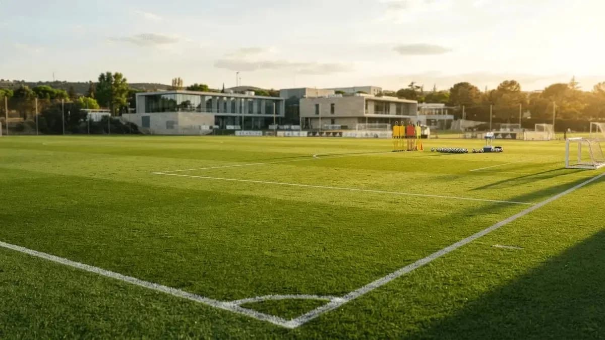 Campo de entrenamiento de fútbol con equipos y balones Campo de entrenamiento de fútbol con equipos y balones