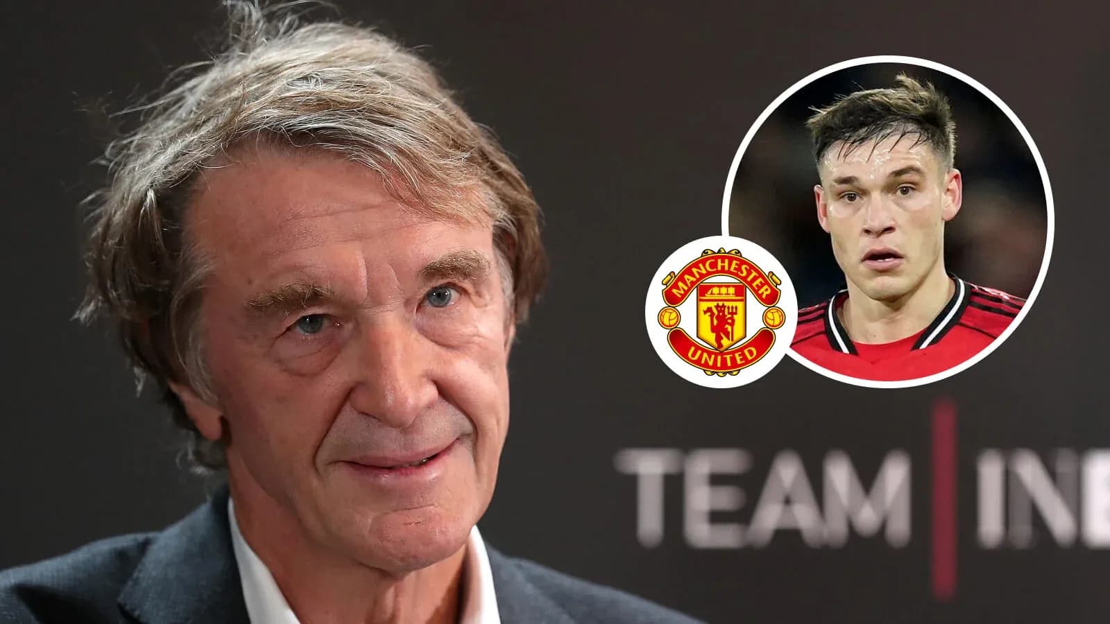 Hombre hablando en conferencia con logo de Manchester United Hombre hablando en conferencia con logo de Manchester United