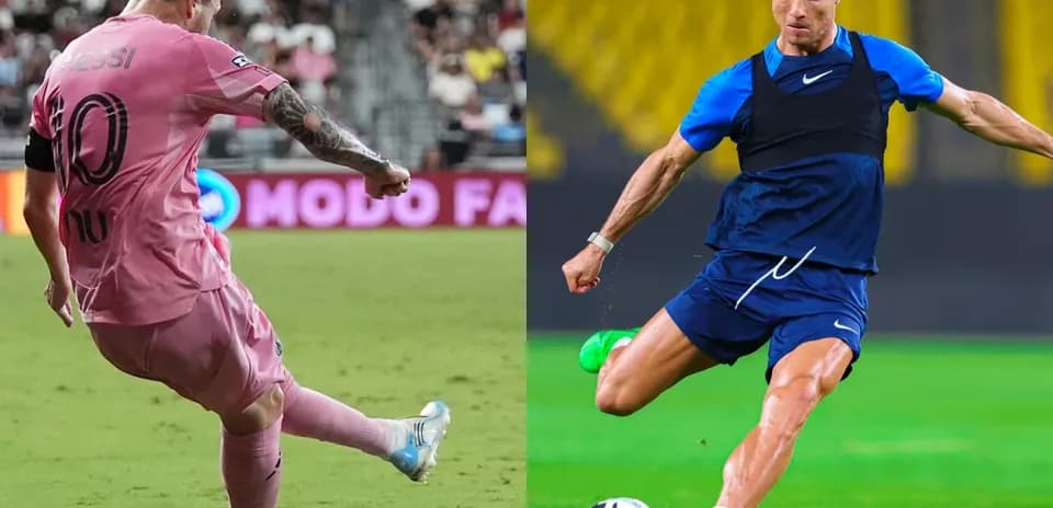 Lionel Messi and Cristiano Ronaldo kicking a ball Lionel Messi and Cristiano Ronaldo kicking a ball