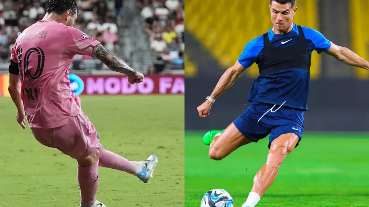 Lionel Messi and Cristiano Ronaldo kicking a ball Lionel Messi and Cristiano Ronaldo kicking a ball