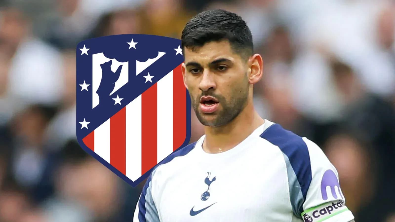 Jugador de Tottenham con escudo del Atlético de fondo Jugador de Tottenham con escudo del Atlético de fondo