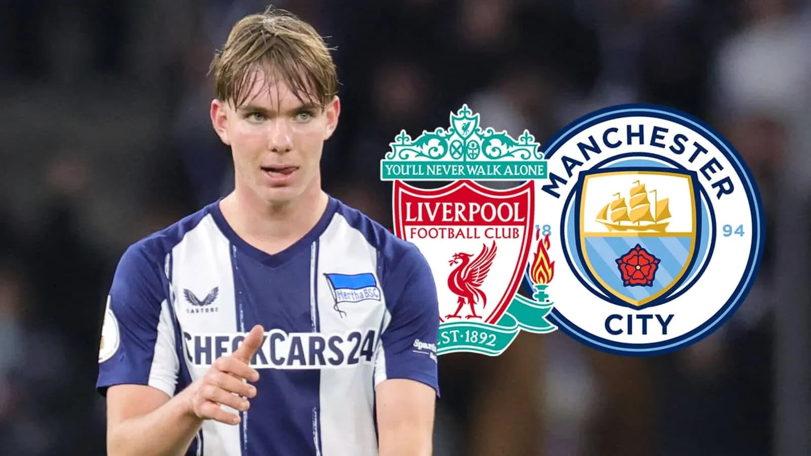 Jugador señalando mientras logos de Liverpool y Manchester City están visibles Jugador señalando mientras logos de Liverpool y Manchester City están visibles