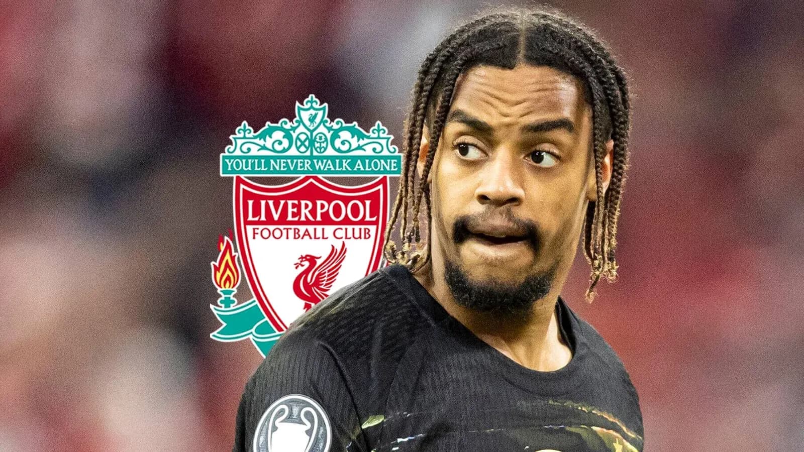 Jugador de Liverpool en acción con logo del club Jugador de Liverpool en acción con logo del club