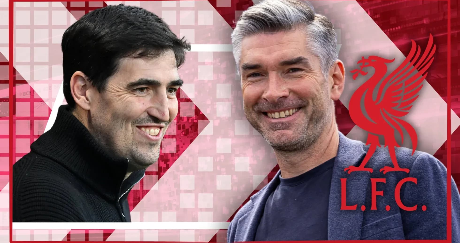 Entrenadores sonriendo con fondo de Liverpool FC Entrenadores sonriendo con fondo de Liverpool FC