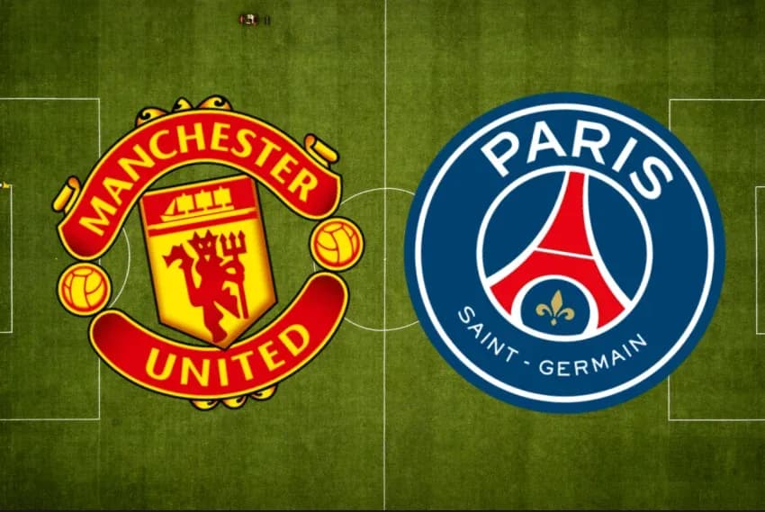 Logos de Manchester United y Paris Saint-Germain en campo Logos de Manchester United y Paris Saint-Germain en campo