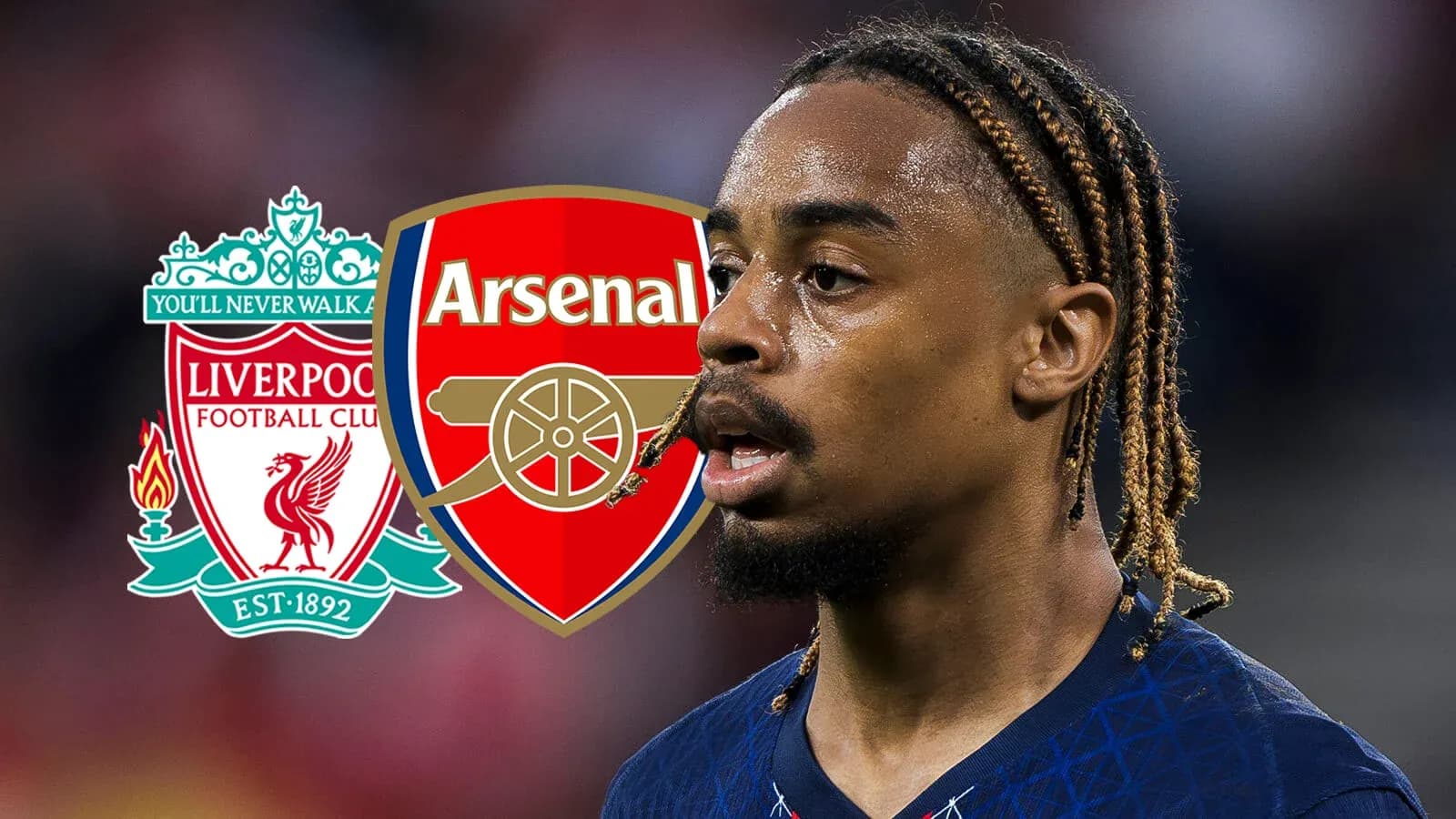 Jugador con trenzas y logotipos de Liverpool y Arsenal Jugador con trenzas y logotipos de Liverpool y Arsenal