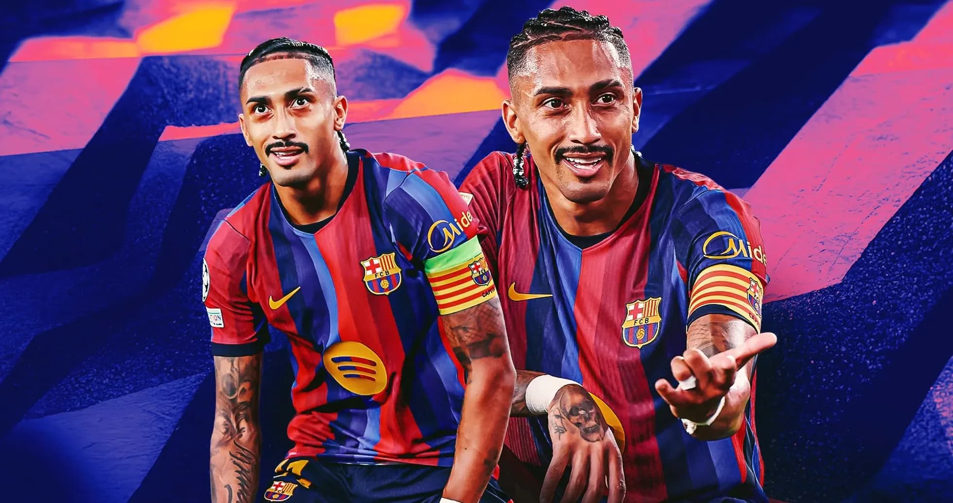 Jugador de FC Barcelona en uniforme y celebrando Jugador de FC Barcelona en uniforme y celebrando