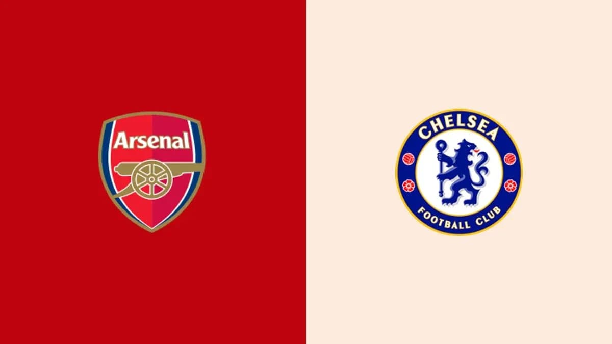 Logos de Arsenal y Chelsea en fondo dividido Logos de Arsenal y Chelsea en fondo dividido